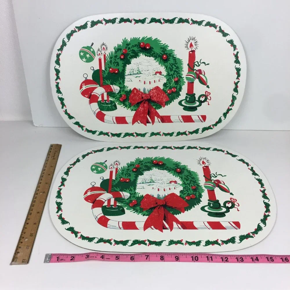 Vtg Lot of 7 Christmas Holiday Winter Vinyl Placemats Kitchen Dinner Dining READ